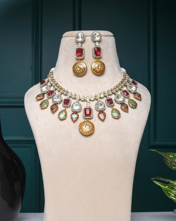 Zaina Ruby Red Fusion Necklace Set - Pirohee by parul sharma